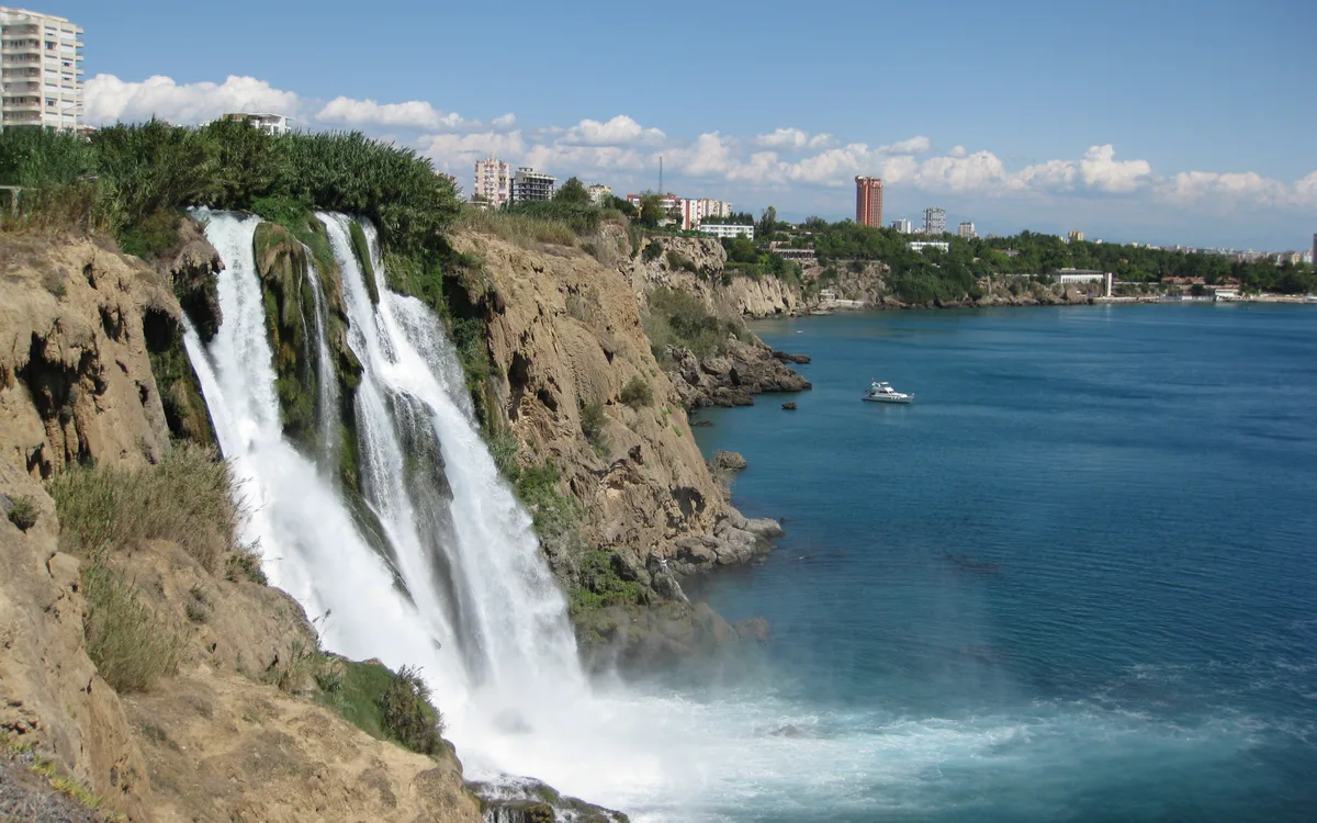 Düden Waterfall falling from the cliffs into the sea at Lara, Antalya